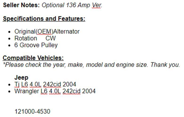 Alternator Fits Jeep Wrangler 4.0L 2004, TJ 2004 (4.0L) OEM