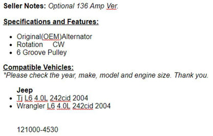 Alternator Fits Jeep Wrangler 4.0L 2004, TJ 2004 (4.0L) OEM