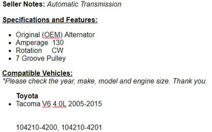 (130 Amp) Alternator For Toyota Tacoma 2005 2006 2007 2008 2009 2010 4.0L
