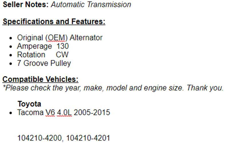 (130 Amp)Alternator Fits Toyota Tacoma 2005 2006 2007 2008 2009 2010 4.0L