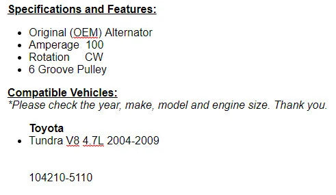 New Alternator For Toyota Tundra 2004 2005 2006 2007 2008 2009 4.7L 11153n