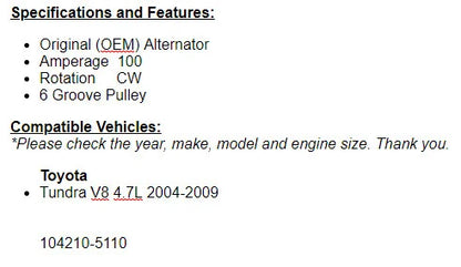 New Alternator For Toyota Tundra 2004 2005 2006 2007 2008 2009 4.7L 11153n