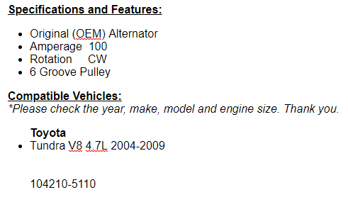 OEM Alternator For Toyota Tundra 2004 2005 2006 2007 2008 2009 4.7L 100 AMP