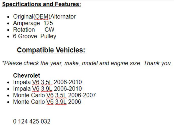 New Alternator For Chevy Impala 06-2008 2009 2010 3.5-3.9L, 2006-07 Monte Carlo