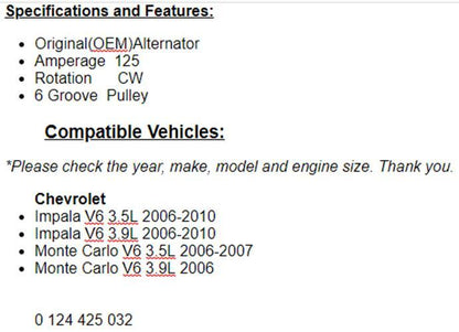 New Alternator For Chevy Impala 2006-07 Monte Carlo, 06-2008 2009 2010 3.5-3.9L