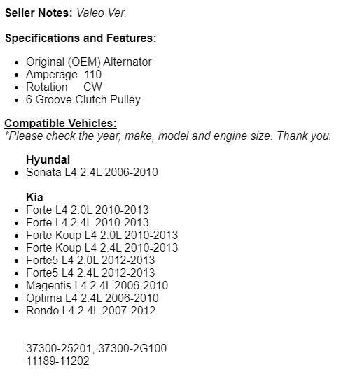 Fits Hyundai Sonata 2.4, Kia Magentis Optima 2006-2008 2009-2010 Alternator