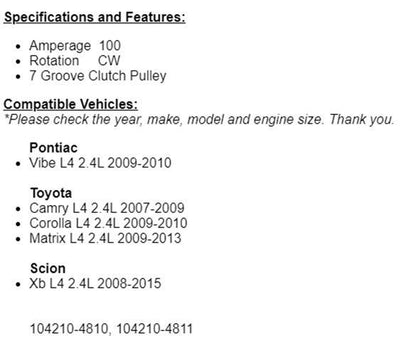 OEM Alternator For Toyota Camry 2007 2008 2009, Corolla 2009 2010 (2.4)