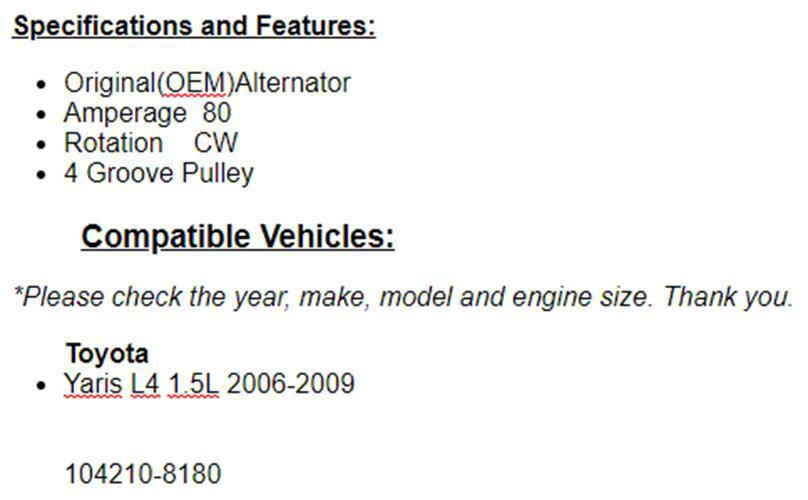 Fits Toyota Yaris 2006 2007 2008 2009 (1.5L) Alternator 11203r