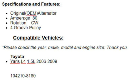 Fits Toyota Yaris 2006 2007 2008 2009 (1.5L) Alternator 11203r