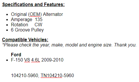 (135 Amp) New Alternator Fits 2009-2010 Ford F-150  (4.6L)