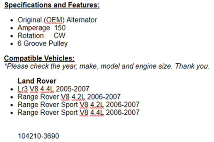 (150 Amp) New Alternator For Range Rover Sport LR3 and 2006-2007 Range Rover