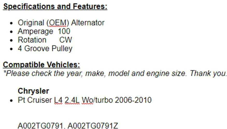New Alternator For Chrysler PT Cruiser 2006-2010 (2.4L) Without Turbo