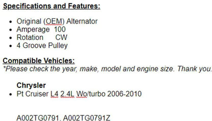 New Alternator For Chrysler PT Cruiser 2006-2010 (2.4L) Without Turbo