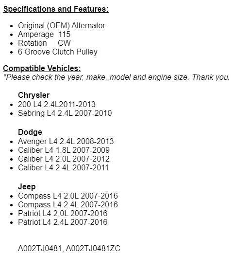 New Alternator For Chrysler Sebring 2007-2013, 2008-2013 Dodge Avenger 2.4L