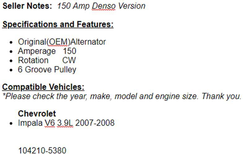 New Alternator Fits Chevy Impala 2007-2008 3.9L (150 Amp) 11237n