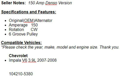 New Alternator Fits Chevy Impala 2007-2008 3.9L (150 Amp) 11237n