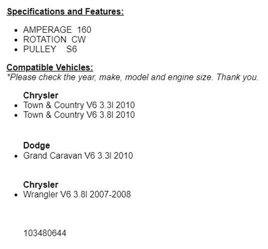 (140 Amp) New Alternator For Dodge Grand Caravan 2010, Chrysler Town & Country