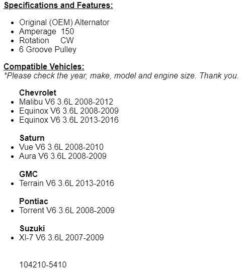 For Pontiac Torrent 2008-2009, Susuki XI-7 2007-2009 (3.6L) Alternator