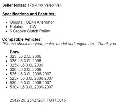 New Alternator For BMW 2006-2007 323I 325I 325XI 330I 525I 525XI 530I 530XI