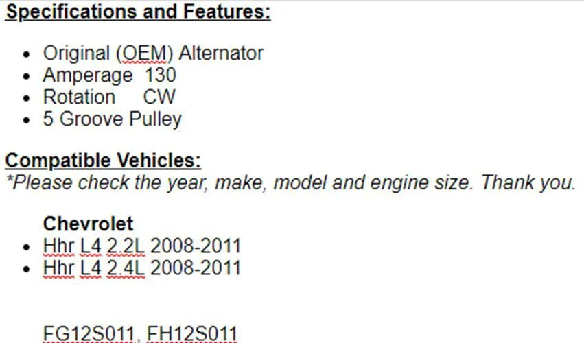 Fits Chevy HHR 2008 2009 2010 2011 (2.2L-2.4L) Alternator OEM