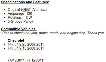 Fits Chevy HHR 2008 2009 2010 2011 (2.2L-2.4L) Alternator OEM