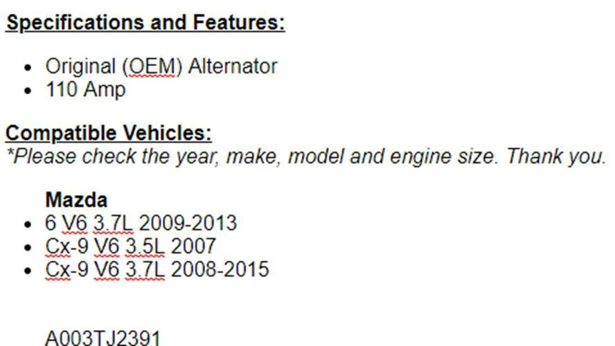 For Mazda 6 2009 2010 2011 2012 2013 (3.7L) Alternator OEM