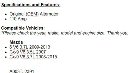 For Mazda 6 2009 2010 2011 2012 2013 (3.7L) Alternator OEM