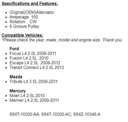 New Alternator Fits Ford Focus 2008-2011 (2.0L), 2009 2010 2011 2012 Escape 2.5L