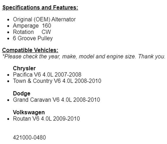 (160 Amp) New Alternator For Grand Caravan 08-2010 4.0L, Chrysler Town & Country