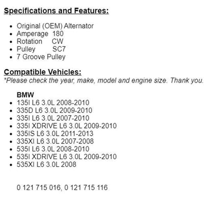 For BMW 335i 535i xdrive 2007-21010, 135i 335d 335is 335xi 535xi Alternator