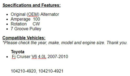 For Toyota FJ Cruiser 2007 2008 2009 2010 (4.0L) OEM Alternator