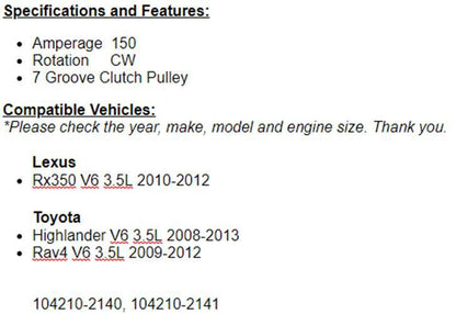 New Alternator For Toyota RAV4 2009-2012, 2008-2013 Highlander 3.5L 11325n
