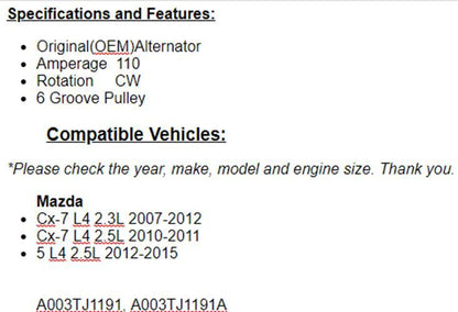 For Mazda 5 2012 2013 2014 2015 2.5L, Mazda CX-7 2007-2012 (2.3L) Alternator