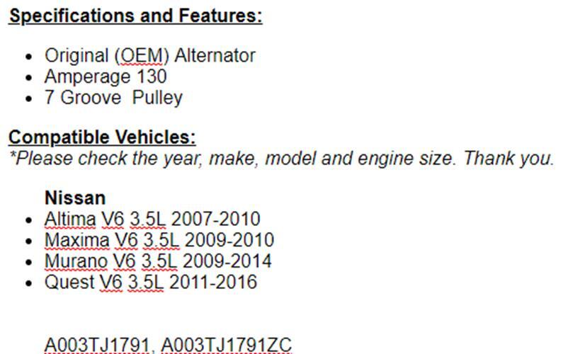 Alternator  Fits Nissan 2009-2010 Maxima, Altima 2007 2008 2009 2010 3.5L 11341r