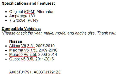 Alternator  Fits Nissan 2009-2010 Maxima, Altima 2007 2008 2009 2010 3.5L 11341r