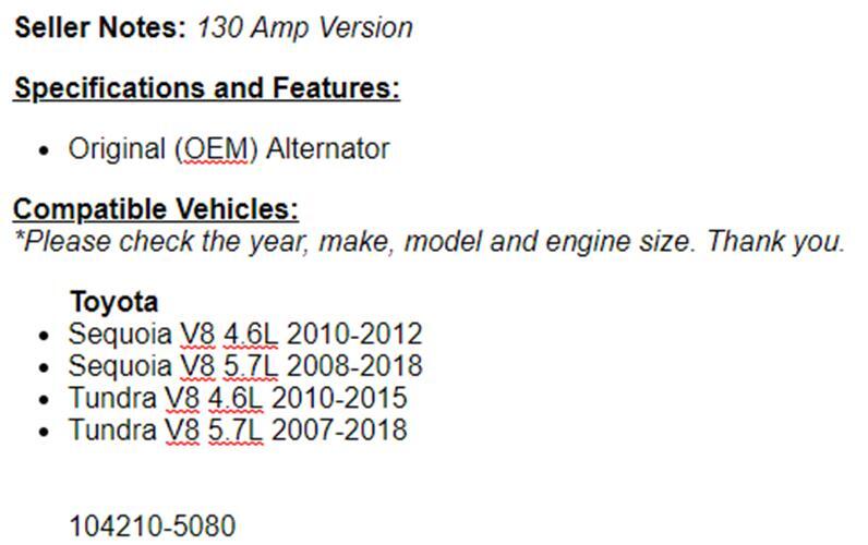 New Alternator For Toyota Sequoia 2008-2010 2011 2012 2013 2014 2015 2016