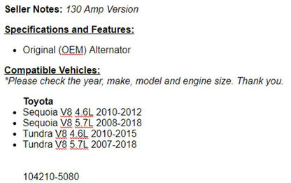 New Alternator For Toyota Sequoia 2008-2010 2011 2012 2013 2014 2015 2016