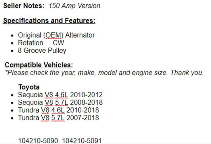 (150 Amp) Alternator Fits Tundra 2007-2009 2010 2011 2012 2013-2016 (5.7L) OEM