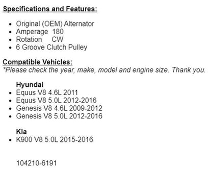 (180 Amp) OEM Alternator For Hyundai Equus 2012-2016 5.0L, Genesis 4.6L 2009-12