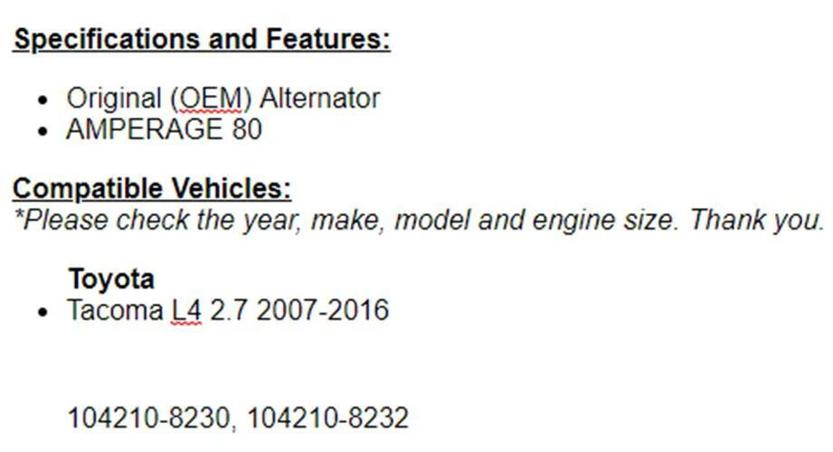 For Toyota 07 2008 2009 2010-2012 2013 2014 2015 2016 Tacoma (2.7) Alternator