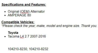 New Alternator For Toyota 07 08 09 2010-2012 2013 2014 2015 2016 Tacoma (2.7)