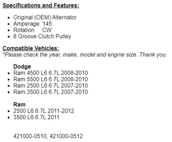 (145 Amp) For Dodge Ram 2500 3500 4500 5500 2008-2010 (6.7L) Aternator