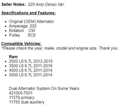 (220 Amp) New Alternator For RAM 2500, RAM 3500 (6.7L) 2011 2012 2013 2014-2016