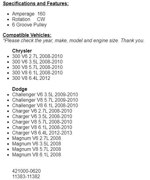 For Dodge Charger 2008-2012, 2008 Magnum New Alternator 160 AMP