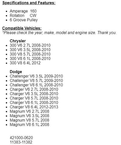 For Dodge Charger 2008-2012, 2008 Magnum New Alternator 160 AMP