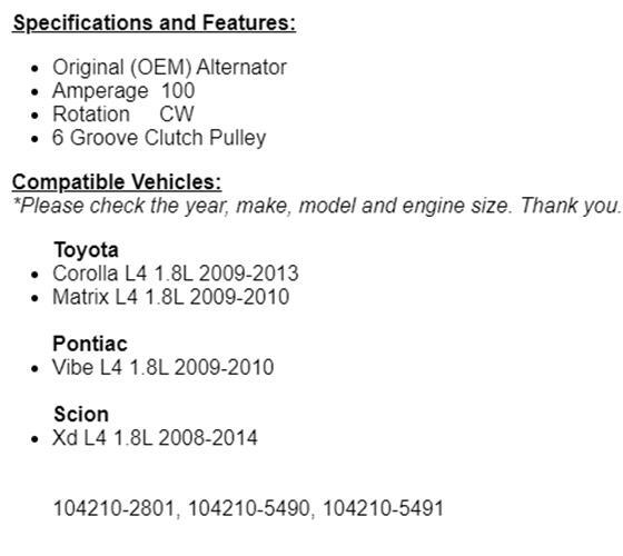 New Alternator For Pontiac Vibe 2010 Toyota Corolla 2009-2013 Matrix 2009-10