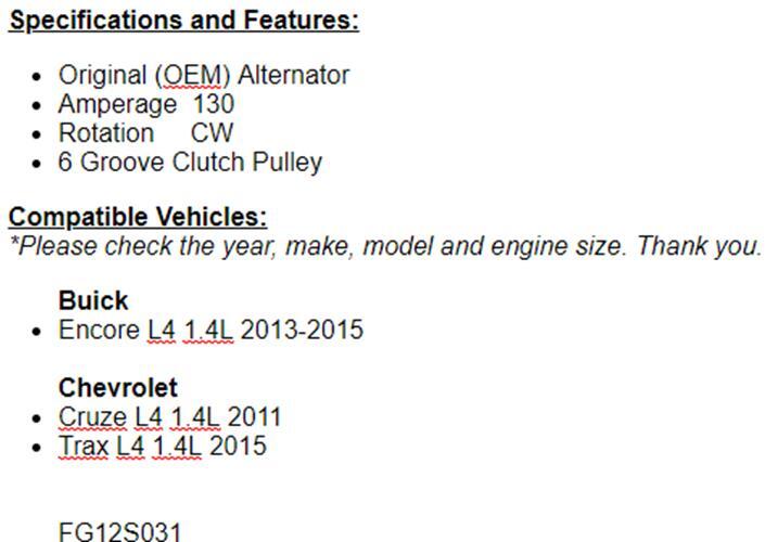 For Buick Encore 2013-2015 (1.4L), 2011 Chevy Cruze 1.4L Alternator