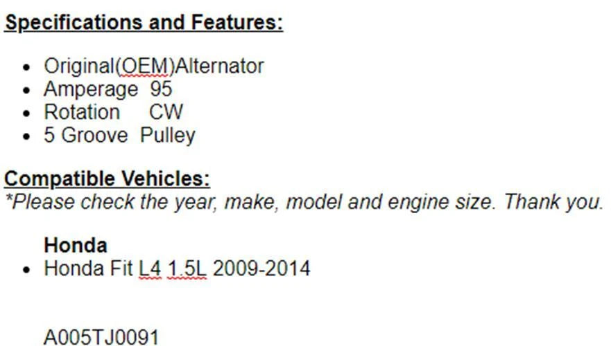 New Alternator For Honda Fit 2009 2010 2011 2012 2013 2014 (1.5L)
