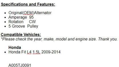 New Alternator For Honda Fit 2009 2010 2011 2012 2013 2014 (1.5L)