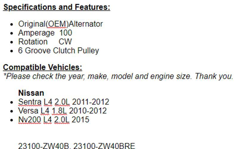 Alternator Fits 2010-2012 Versa 1.8L, Nissan Sentra 2011-2012 (2.0L) OEM